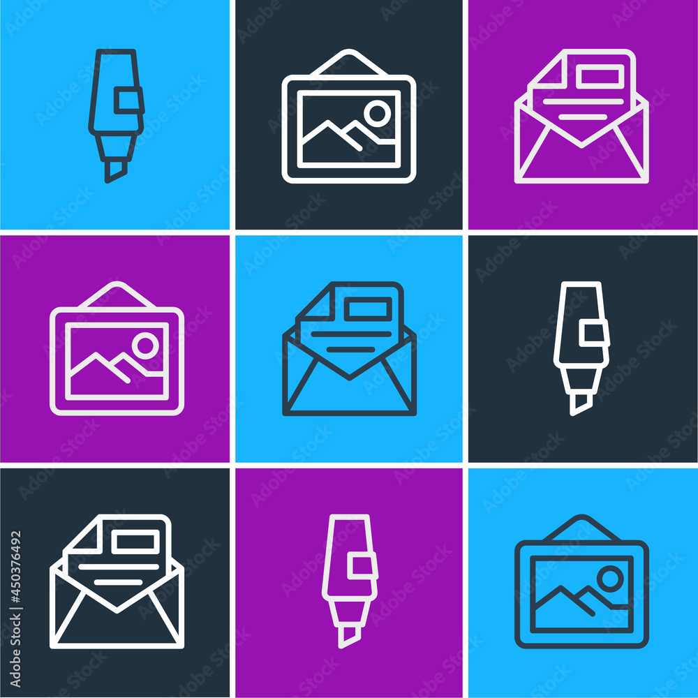 Set line Marker pen, Mail and e-mail and Picture landscape icon. Vector