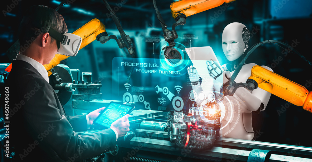 机械化工业机器人和人类工人在未来工厂合作。人工的概念