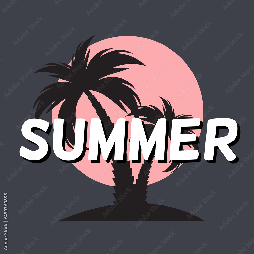 带有棕榈树轮廓的夏季背景图标。矢量插图