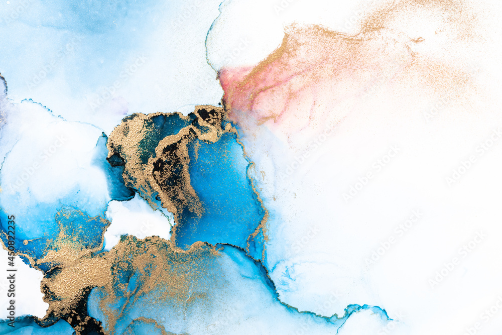 纸上大理石液体墨水艺术画的奢华蓝色抽象背景。原始艺术的图像