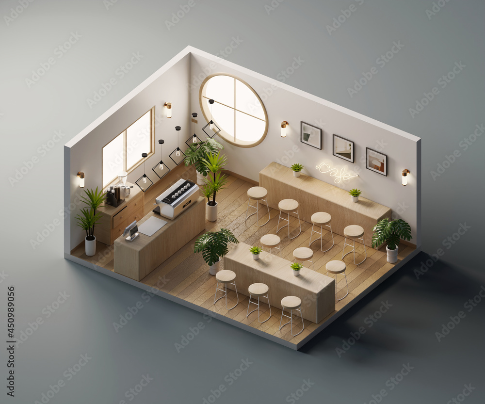 Isometric view minimal cafe store open inside interior architecture, 3d rendering.