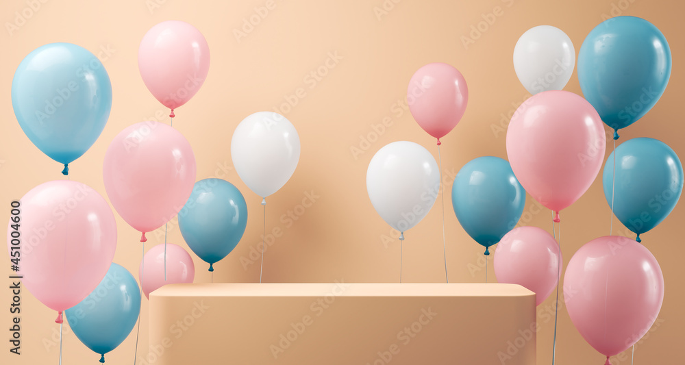 Pastel Round podium with Balloon, pedestal or platform, background for cosmetic product presentation