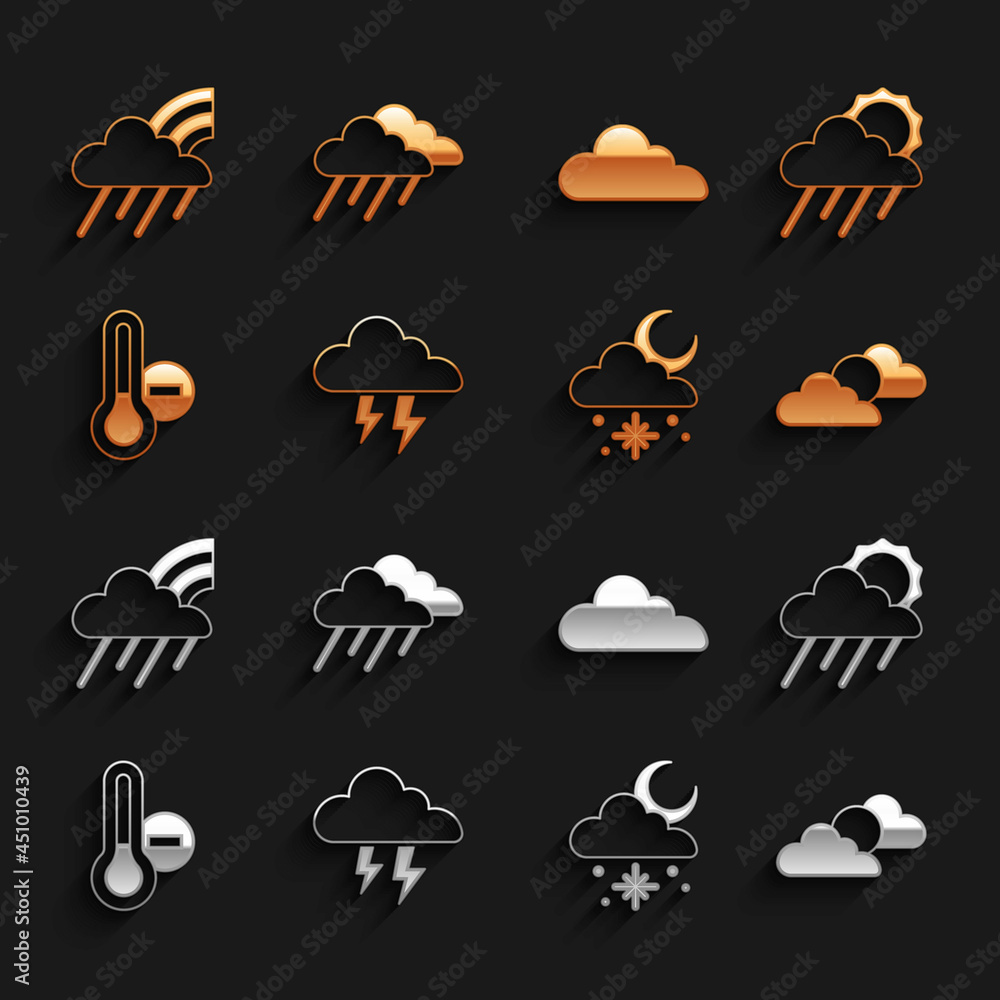 Set Storm, Cloud with rain and sun, Sun cloud weather, snow, Meteorology thermometer, Rainbow and ic
