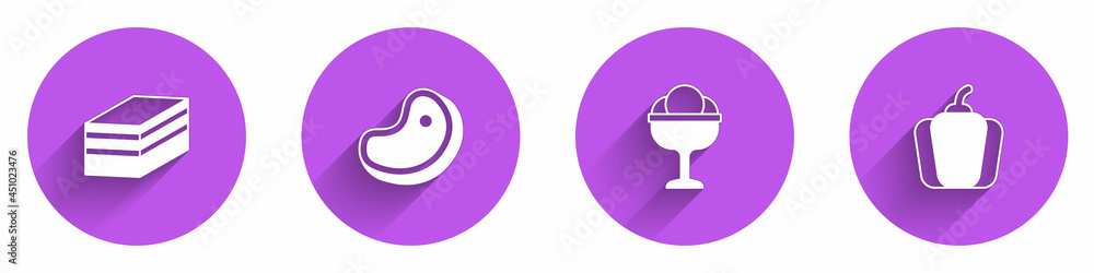 Set Piece of cake, Steak meat, Ice cream in the bowl and Bell pepper icon with long shadow. Vector