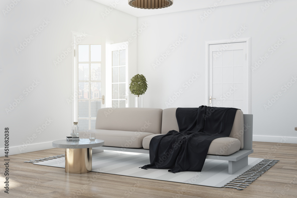 Contemporary white living room interior with furniture, wooden floor, sofa with pillows, balcony doo