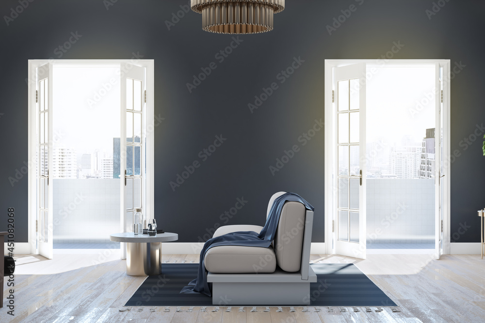 带家具的豪华蓝色客厅内部，木地板，带枕头的沙发，阳台门，cit