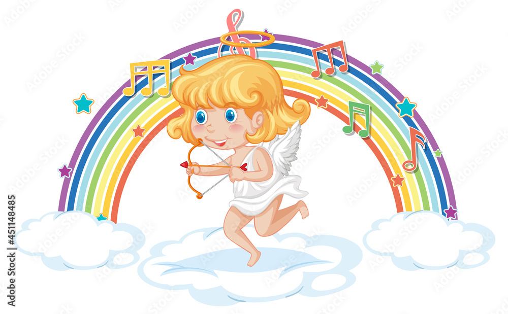 丘比特女孩手持彩虹上带有旋律符号的弓箭