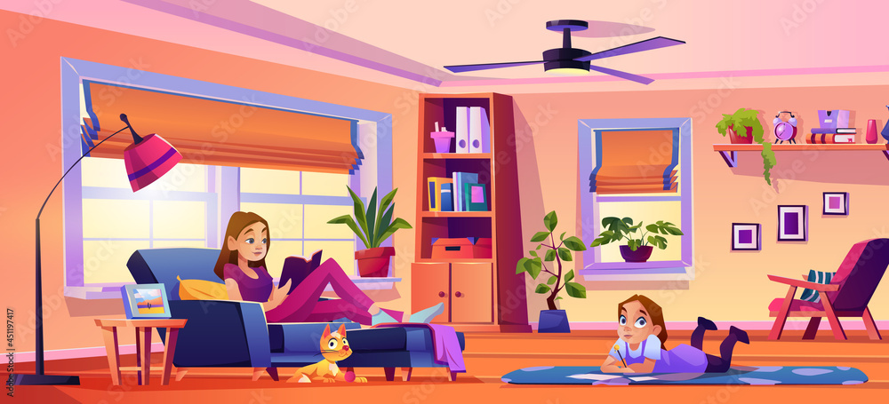 父母和家里的小女孩花时间做业余爱好。女人在沙发上看书，父亲在工作