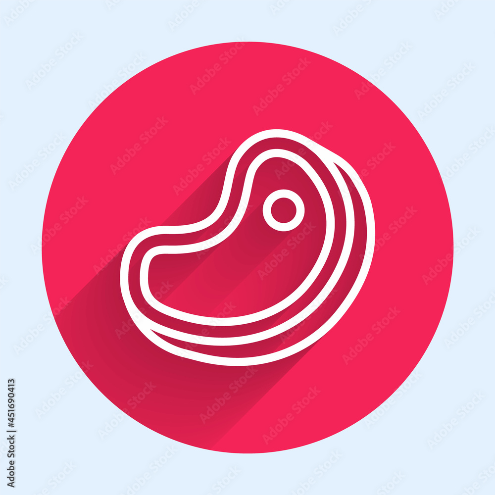 White line Steak meat icon isolated with long shadow background. Red circle button. Vector