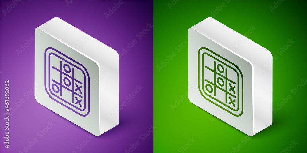 Isometric line Tic tac toe game icon isolated on purple and green background. Silver square button. 