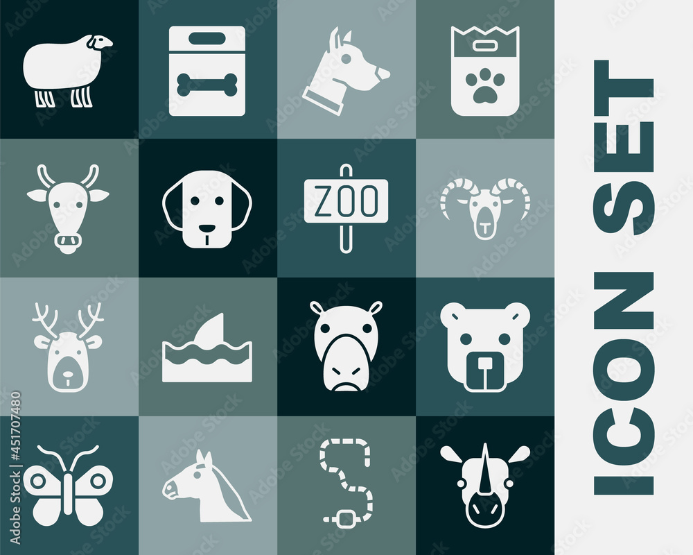 设置犀牛、熊头、山羊或公羊头、狗、牛、羊和动物园公园图标。矢量