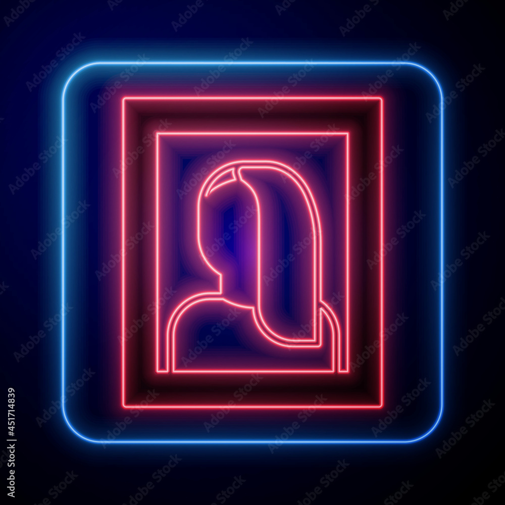 Glowing neon Portrait picture in museum icon isolated on black background. Vector