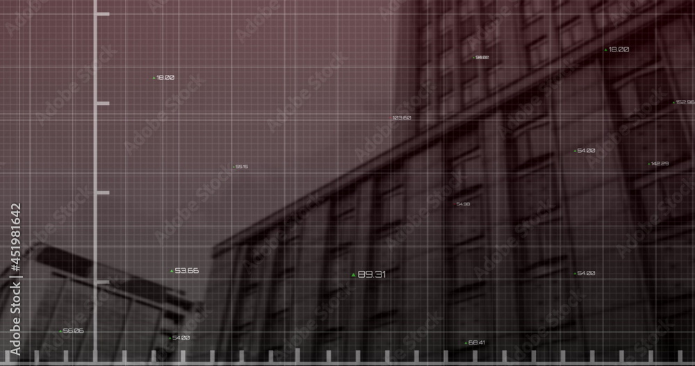 现代办公楼上用红线记录的财务数据处理图像