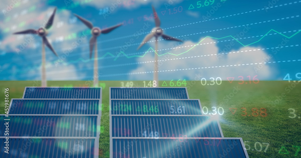 风力涡轮机和太阳能电池板上的财务数据处理图像