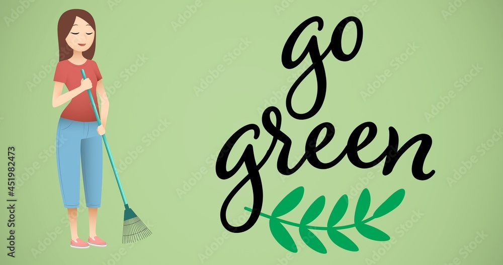 Composition of go green text and leaf logo with woman holding rake on green background