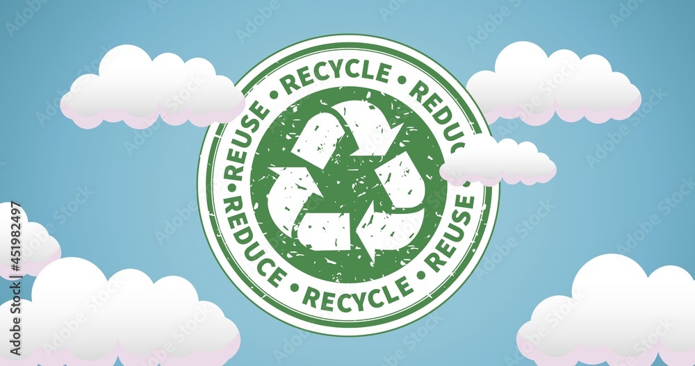 Composition of recycling text and logo over blue sky and clouds