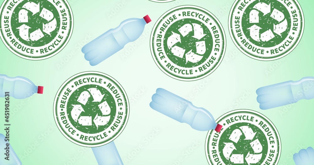 塑料瓶的成分以及绿色背景上的回收文本和标志
