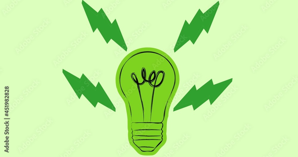 绿色背景上的绿色灯泡和电螺栓标志的组成