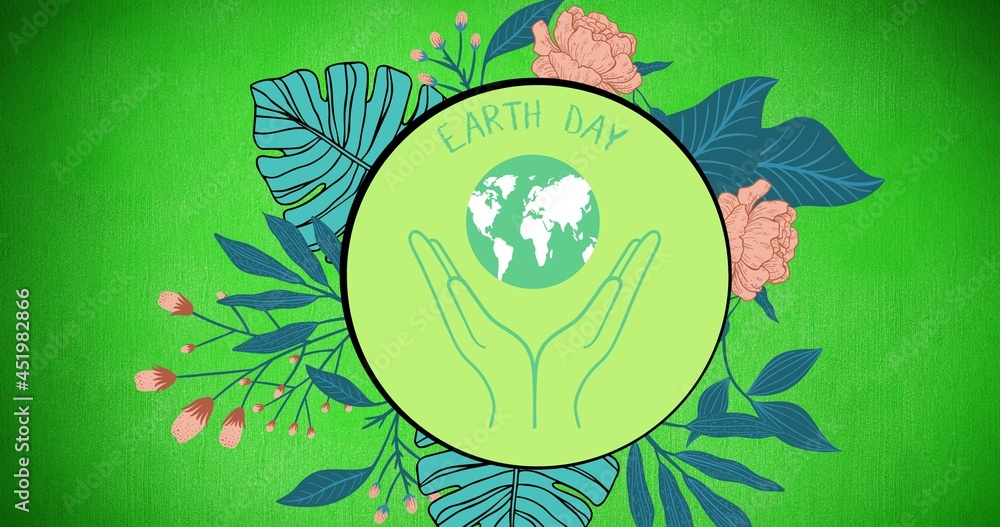 用手和地球仪标志以及绿色背景上的叶子和花朵组成的地球日文本