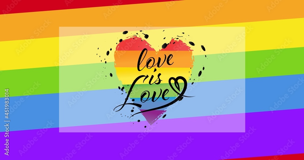 爱就是爱的文字和彩虹条纹背景上的彩虹心