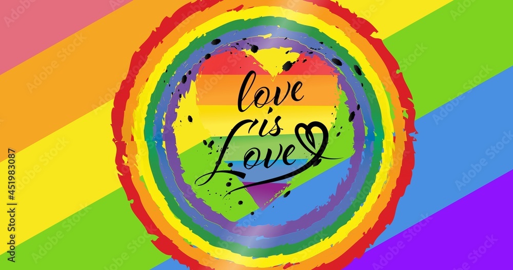 彩虹般的爱心是彩虹条纹背景上的爱情文字