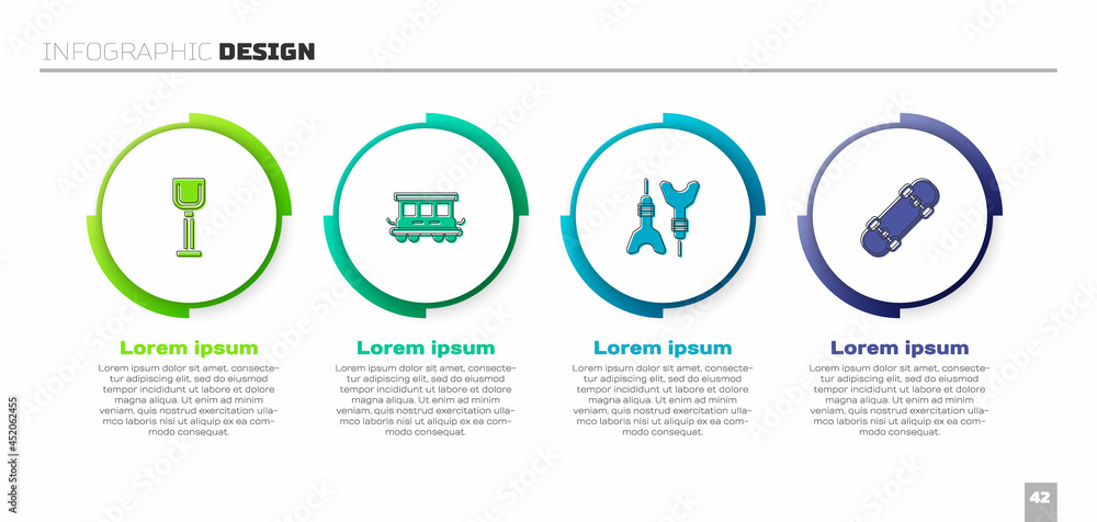 Set Shovel toy，Passenger train cars，Dart arrow and Skateboard。Business infographic template.Vect（设置铲