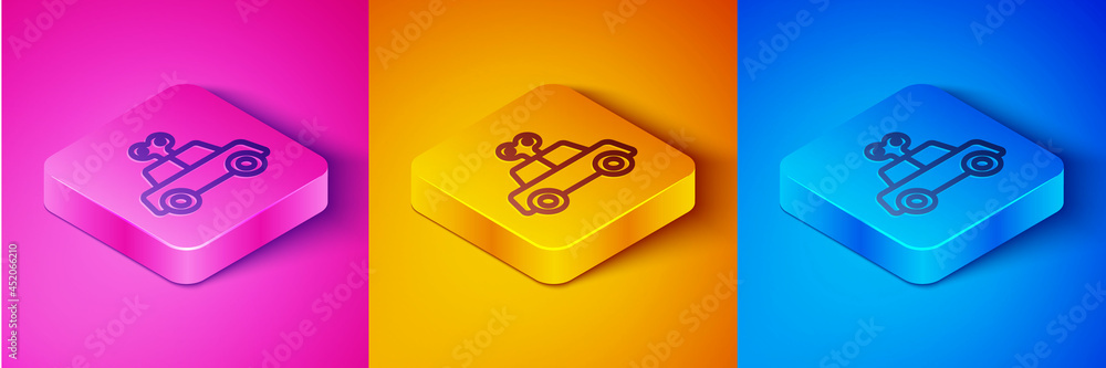Isometric line Toy car icon isolated on pink and orange, blue background. Square button. Vector