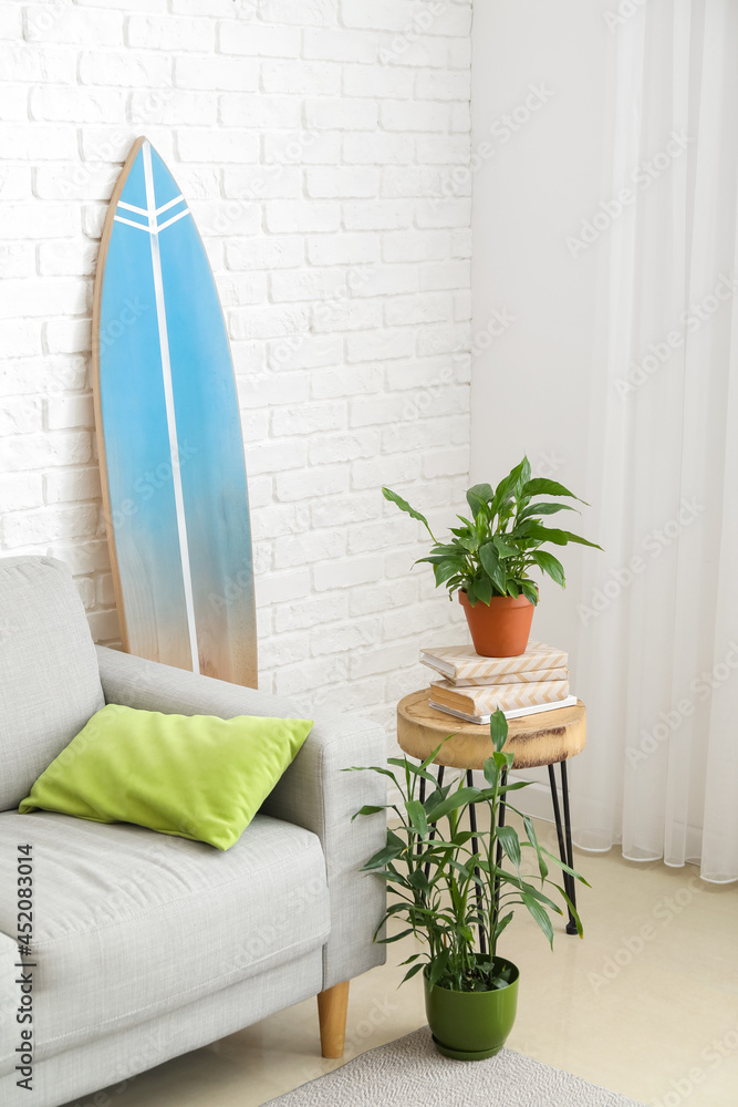 带冲浪板、沙发和室内植物的现代时尚房间内部