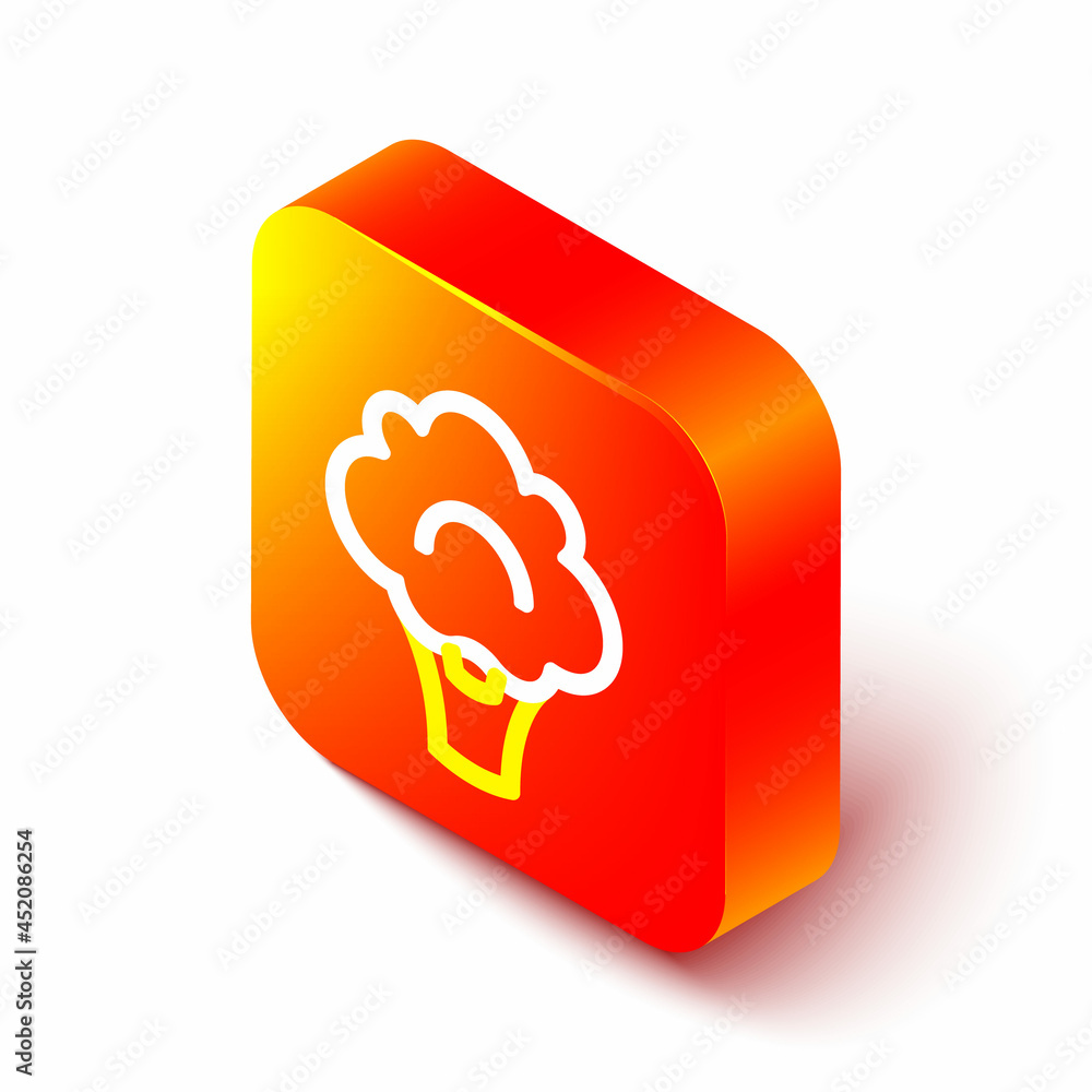 Isometric line Broccoli icon isolated on white background. Orange square button. Vector
