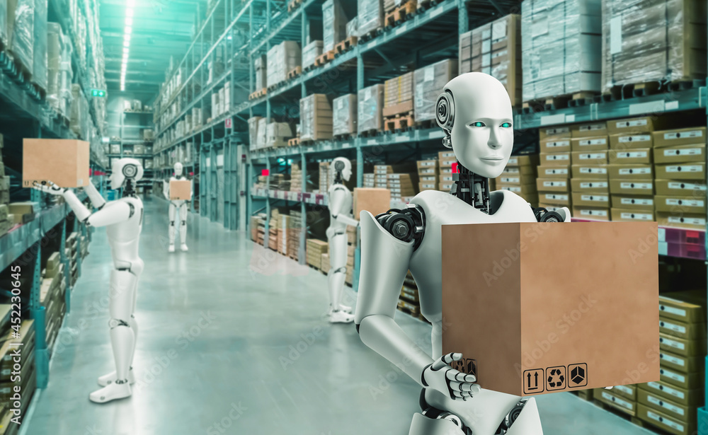 创新行业机器人在仓库中工作，以替代人力。人工智能的概念