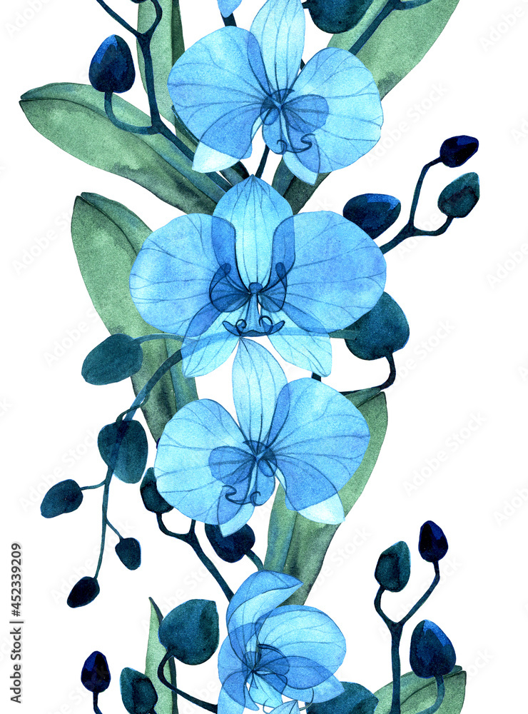 水彩无缝边框，蓝色透明蝴蝶兰花。无缝印刷，图案