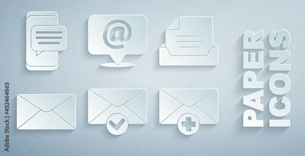 Set Envelope and check mark, Drawer with document, Received message concept, Mail e-mail speech bubb