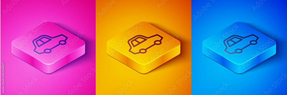 等距线玩具车图标隔离在粉色和橙色、蓝色背景上。方形按钮。矢量
