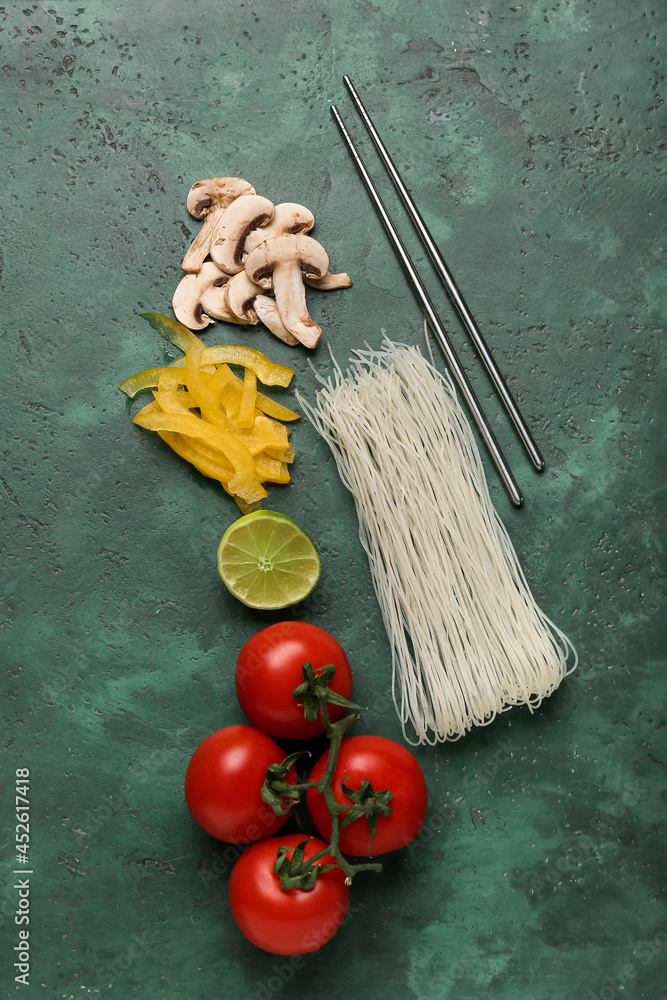 Composition with ingredients for Thai soup on color background
