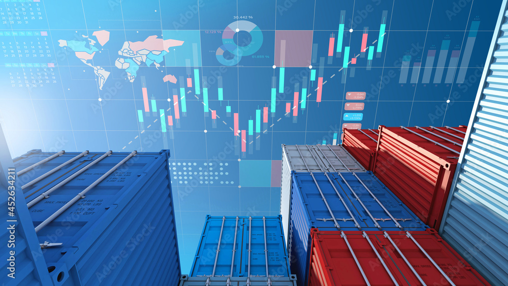 Container cargo for import export business and digital stock market chart , 3d rendering