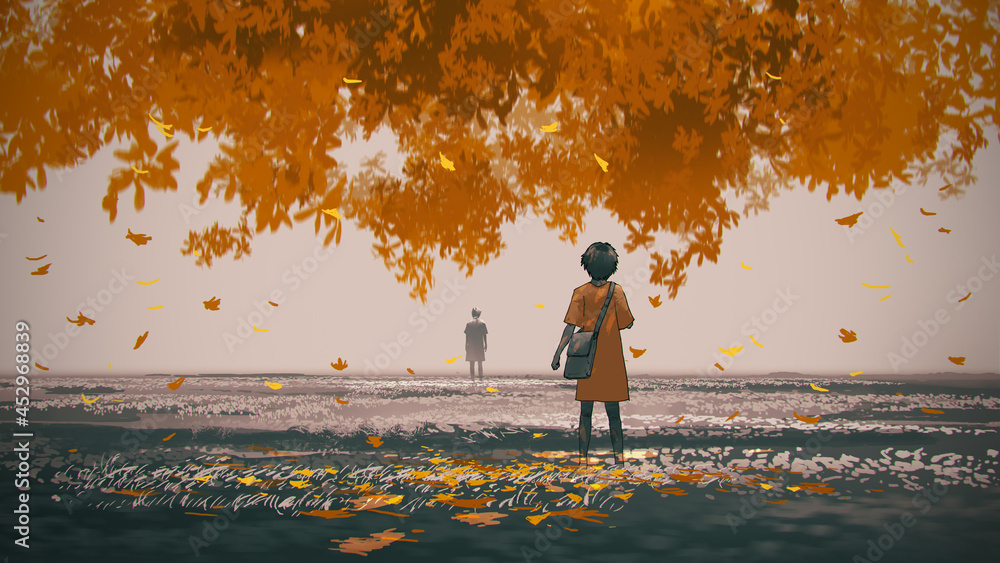 站在秋树下的年轻女子看着远处的男人，数字艺术风格，生病了