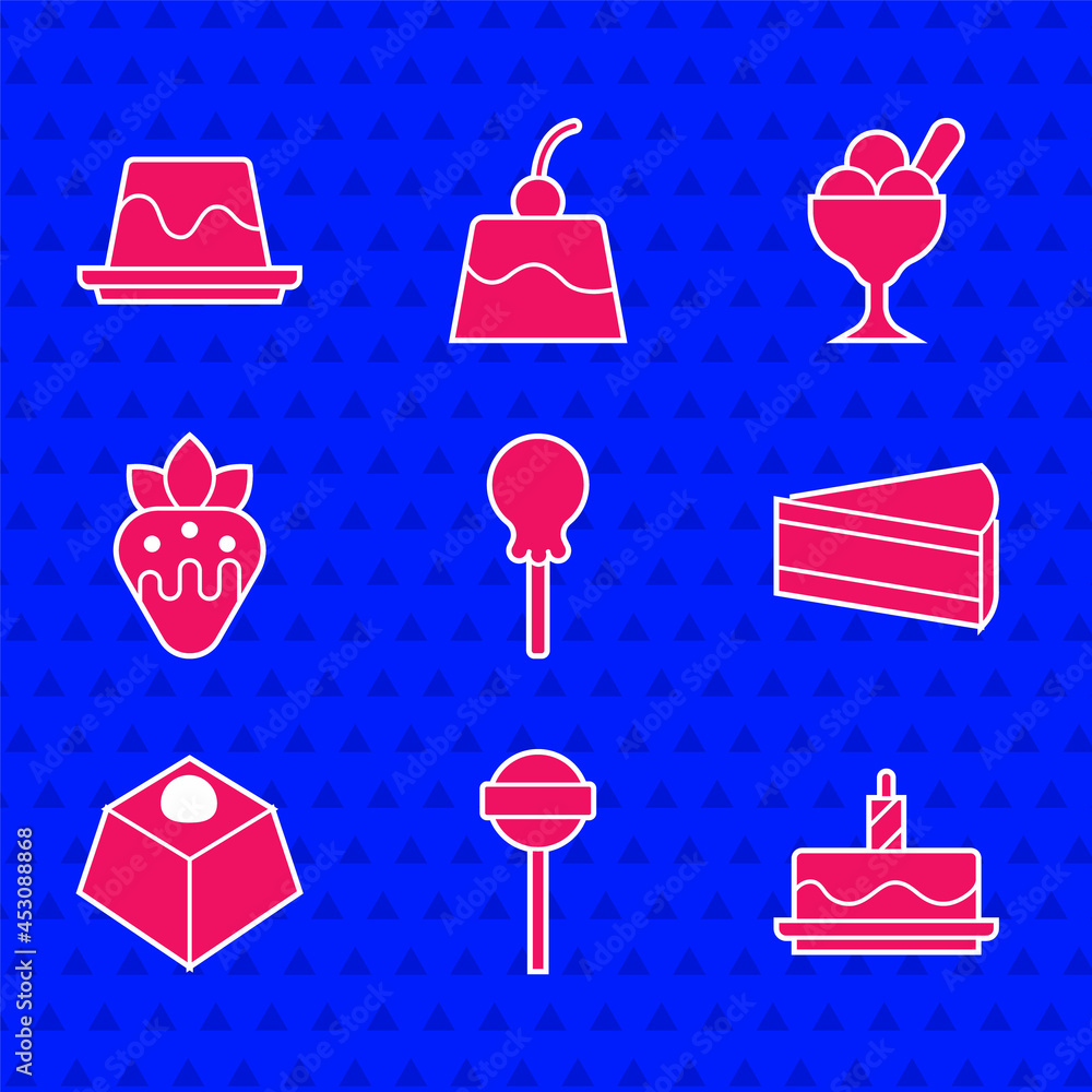 套装棒棒糖，带燃烧蜡烛的蛋糕，一块蛋糕，布朗尼巧克力，草莓，冰淇淋蝴蝶结