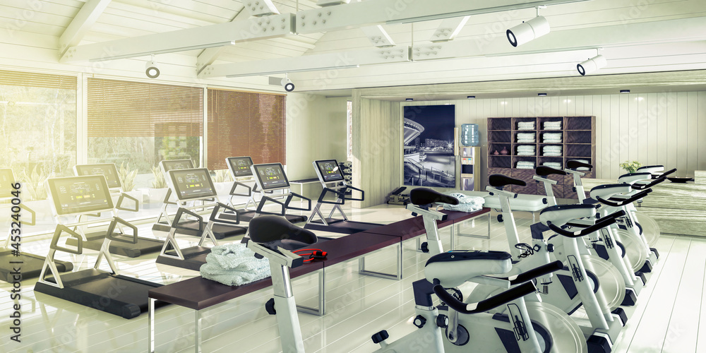 健身房内的跑步机和自行车-全景三维可视化