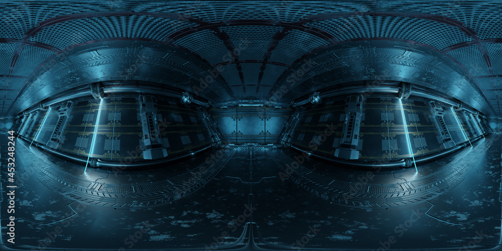深蓝色飞船内部HDRI全景图。高分辨率360度全景反射