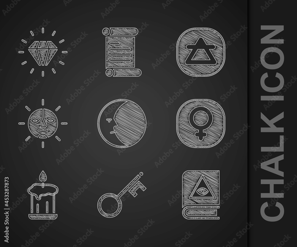 落月，老钥匙，古代魔法书，金星，燃烧的蜡烛，太阳，空气元素和钻石图标。面纱