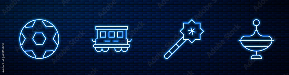 固定线魔杖、足球、客运火车车厢玩具和旋风。闪闪发光的霓虹灯图标