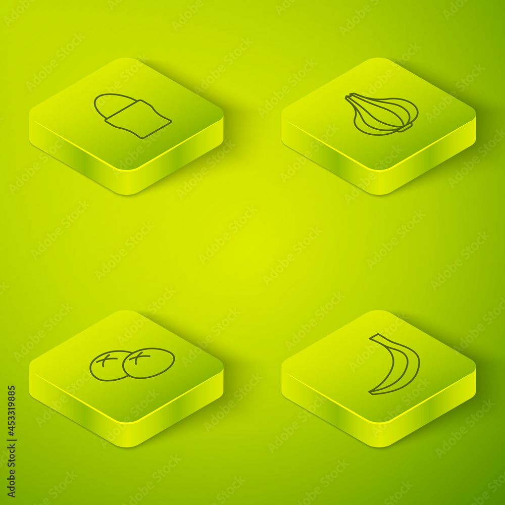 Set Isometric line Garlic, Bread loaf, Banana and Chicken egg on stand icon. Vector