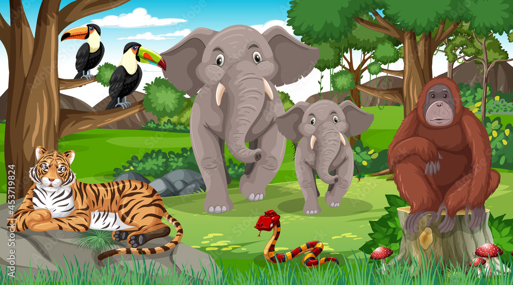 大象家族与其他野生动物在森林场景中