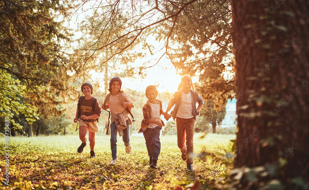 兴奋的孩子们背着背包，在阳光明媚的秋日在森林里散步，孩子们探索自然