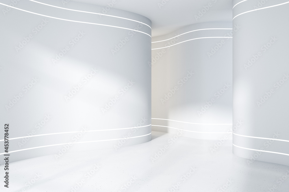 现代白色混凝土经典画廊内部，空墙和阳光。实体模型，3D渲染。