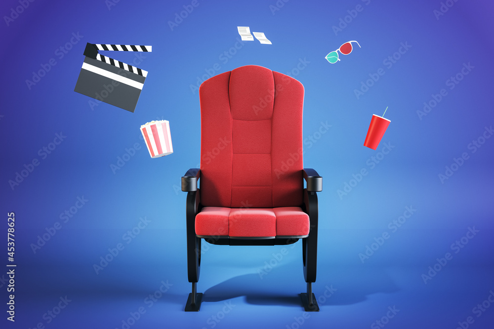 创意红色电影院扶手椅，蓝色b上散落着爆米花、饮料和其他物品