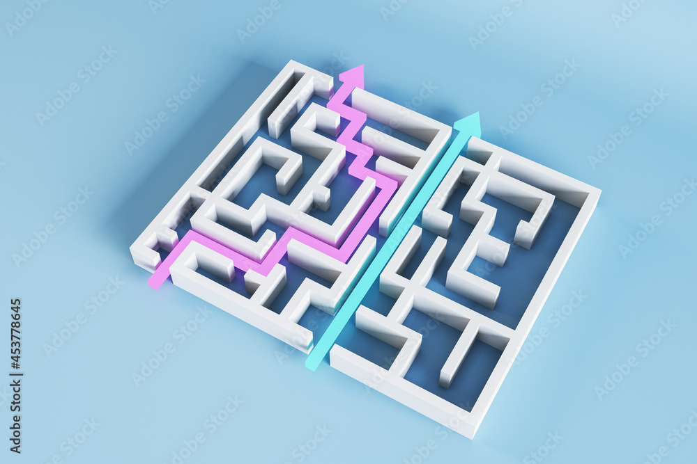 Creative white maze object with arrows. Easy way solution concept. 3D Rendering.