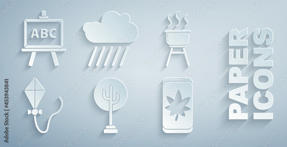 Set Tree, Barbecue grill, Kite, Leaf on mobile phone, Cloud with rain and Chalkboard icon. Vector