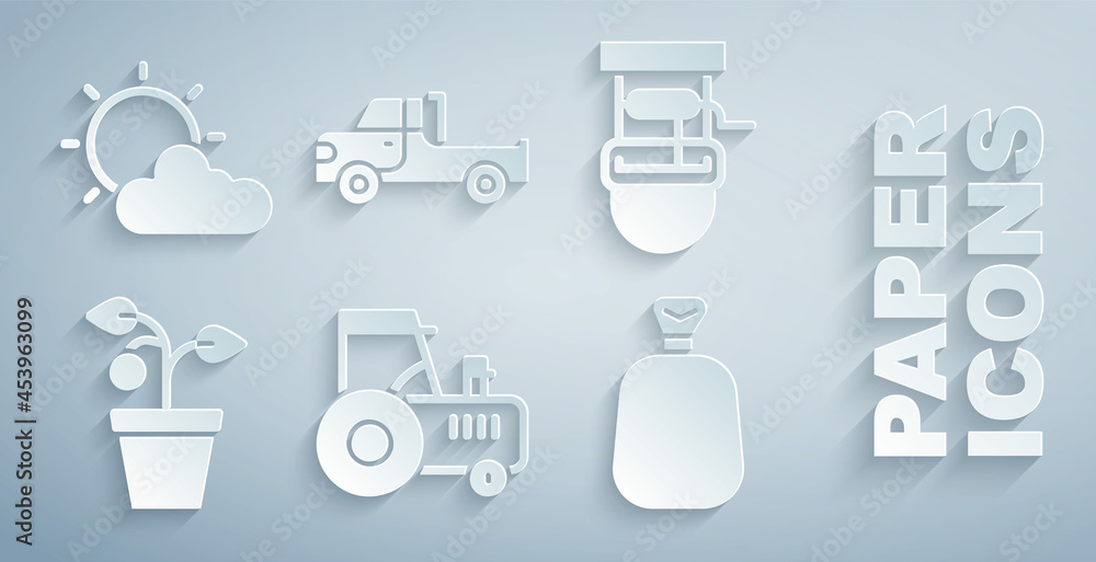 Set Tractor，Well with bucket，Plant in pot，Full sack，皮卡车和阳光和云层天气图标。