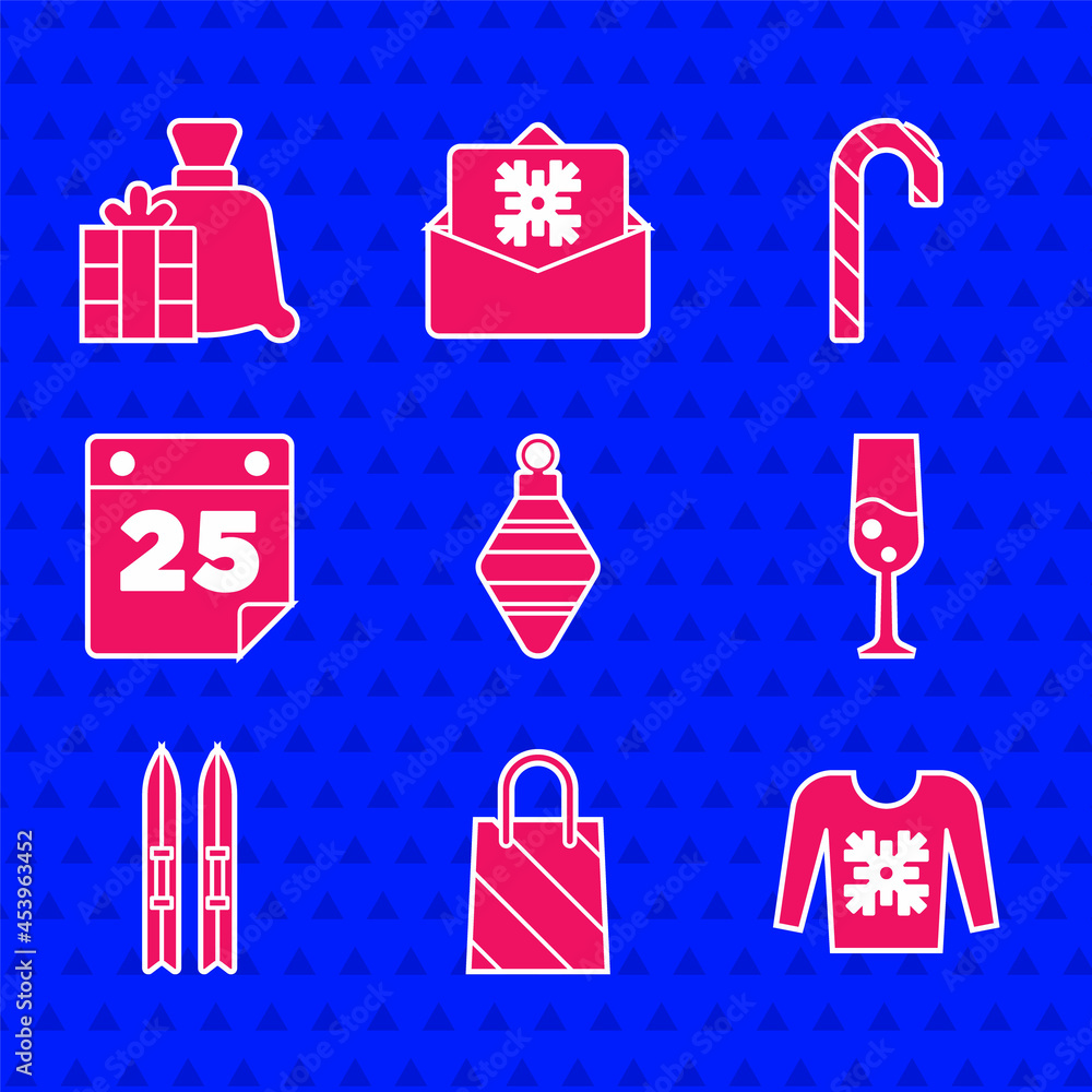 Set Christmas ball, shopping bag, sweater, Glass of champagne, Ski and sticks, Calendar, candy cane 